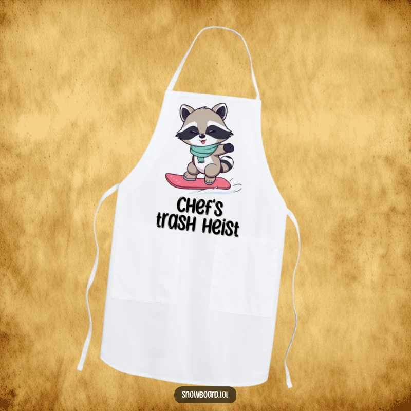 Funny apron depicting a winking raccoon performing a snowboard jump, ready to tackle any recipe with flair.