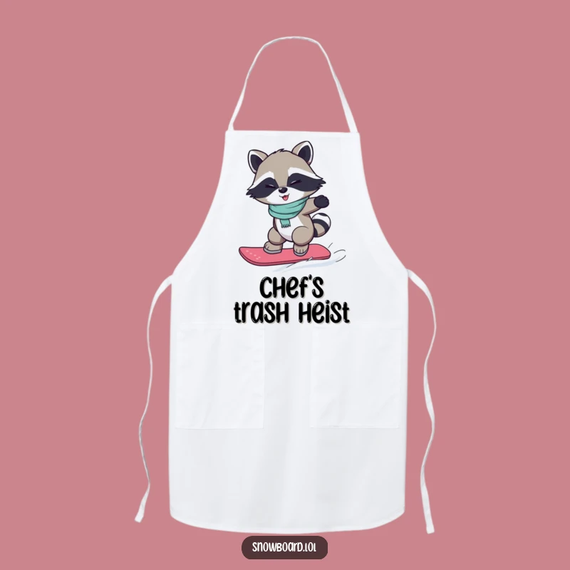 Funny Snowboarding Raccoon Apron: Winking Chef's Jump, Kitchen Humor