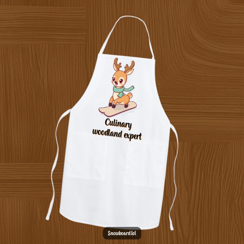 Funny deer gracefully snowboarding, a cheerful and humorous apron for the kitchen.