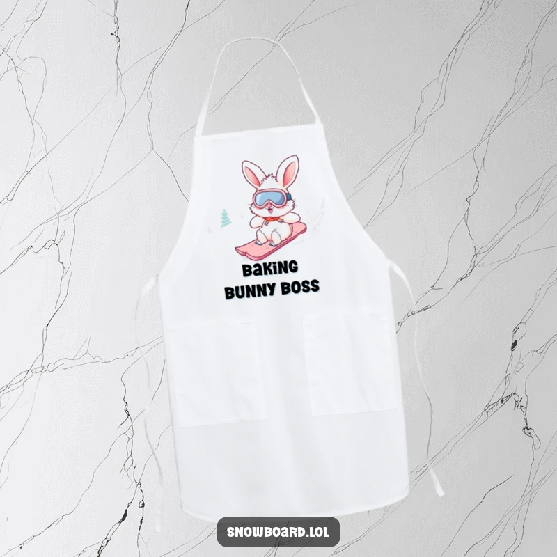 Funny fluffy bunny apron wearing goggles, snowboarding downhill, cooking. This adventurous chef design brings humor to the kitchen.