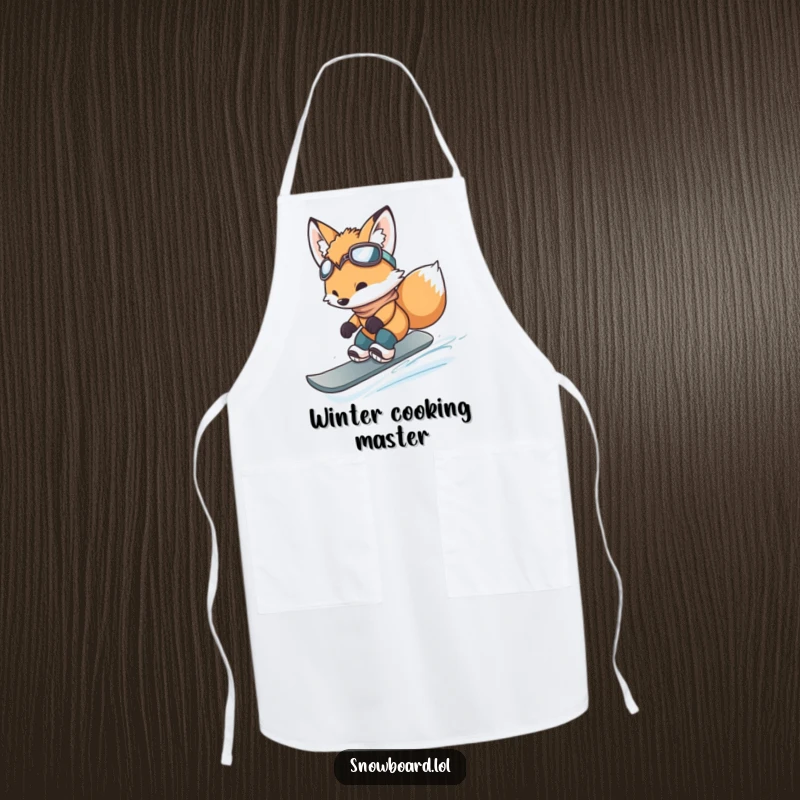Funny fox cub mid-snowboard jump, ready for kitchen action, a hilarious apron design.