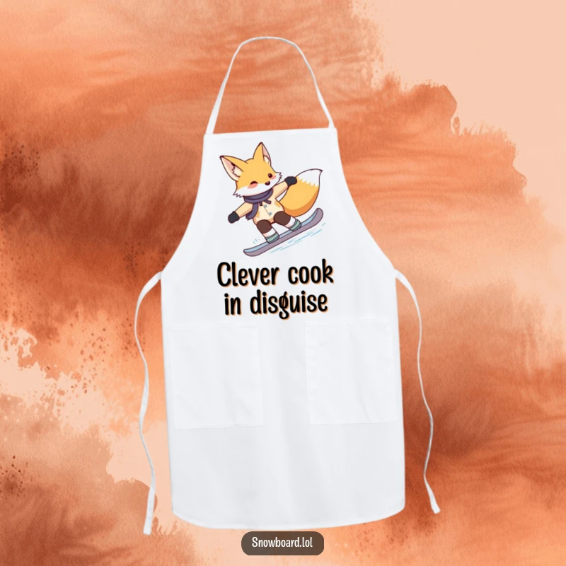 Funny fox apron, depicted gracefully snowboarding with stylish turns, ideal for kitchen apparel and winter sports fans.