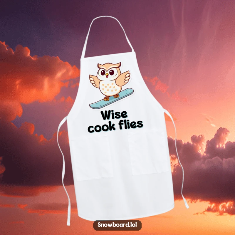 Funny apron showing a delighted owl snowboarding, ready to tackle any culinary challenge with skill and humor.