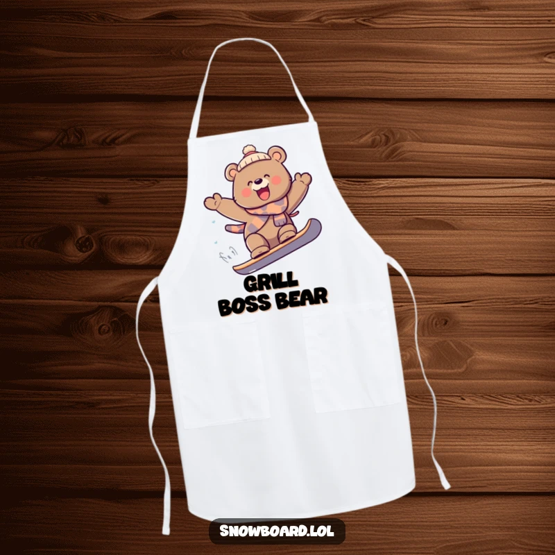 Funny bear on snowboard catching air, extreme apron, joyful chef theme, humorous kitchen accessory, ideal funny gift.