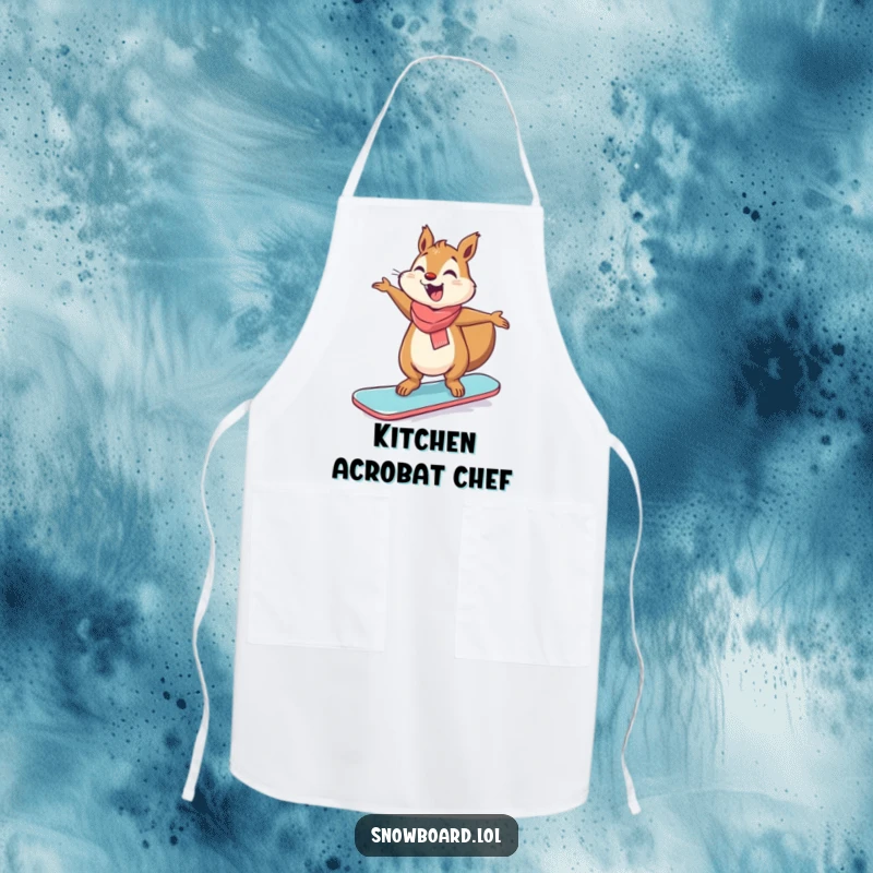 Funny giggling squirrel balancing on a snowboard, arms outstretched, humorous apron.