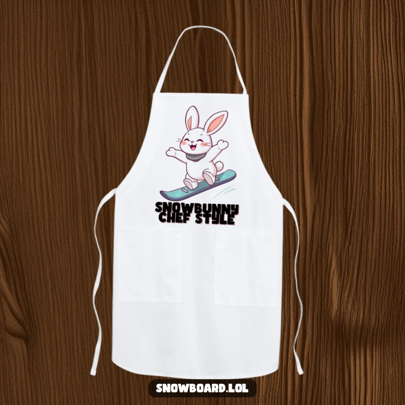 Funny apron with an energetic rabbit joyfully jumping off a snowboard, perfect for adding humor to cooking and kitchen activities.