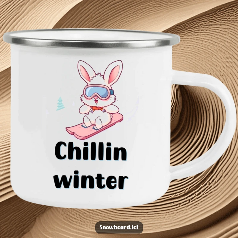 Funny fluffy bunny camping mug wearing goggles, snowboarding downhill. This durable, adventurous design is ideal for outdoor fun.