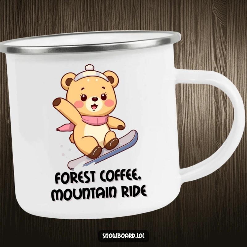 Funny bear cub camping mug, performing a snowboard trick, perfect for outdoor enthusiasts and lovers of wild, playful humor.