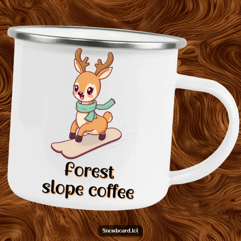 Funny deer snowboarding on a gentle slope, a cheerful and humorous camping mug.