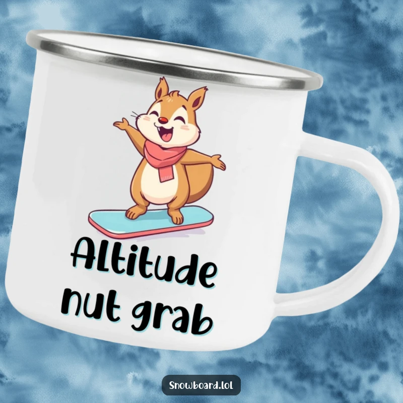 Funny giggling squirrel balancing on a snowboard, arms outstretched, humorous camping mug.
