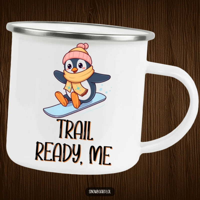 Funny happy penguin on snowboard, durable camping mug, winter sports theme, ideal funny gift for hikers.