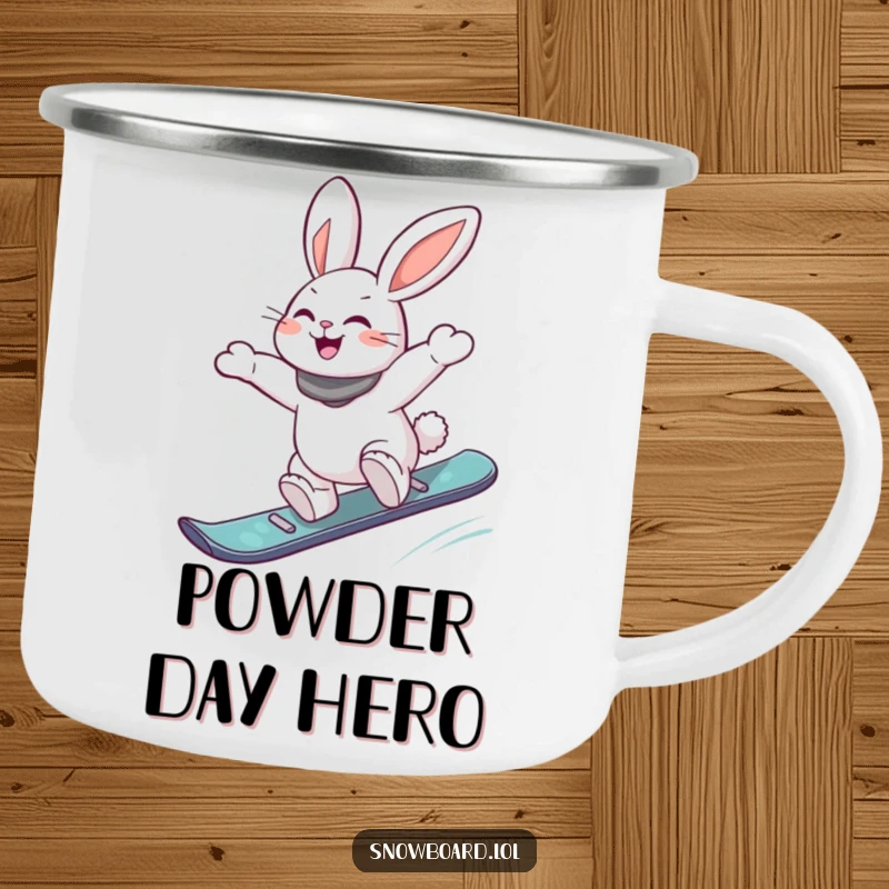 Funny camping mug showing an energetic rabbit joyfully jumping off a snowboard, perfect for outdoor enthusiasts who appreciate humor and action.