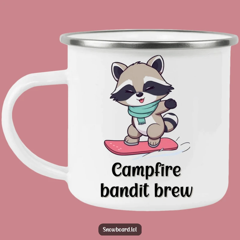 Funny Snowboarding Raccoon Camping Mug: Winking Bandit's Adventure, Outdoor Fun