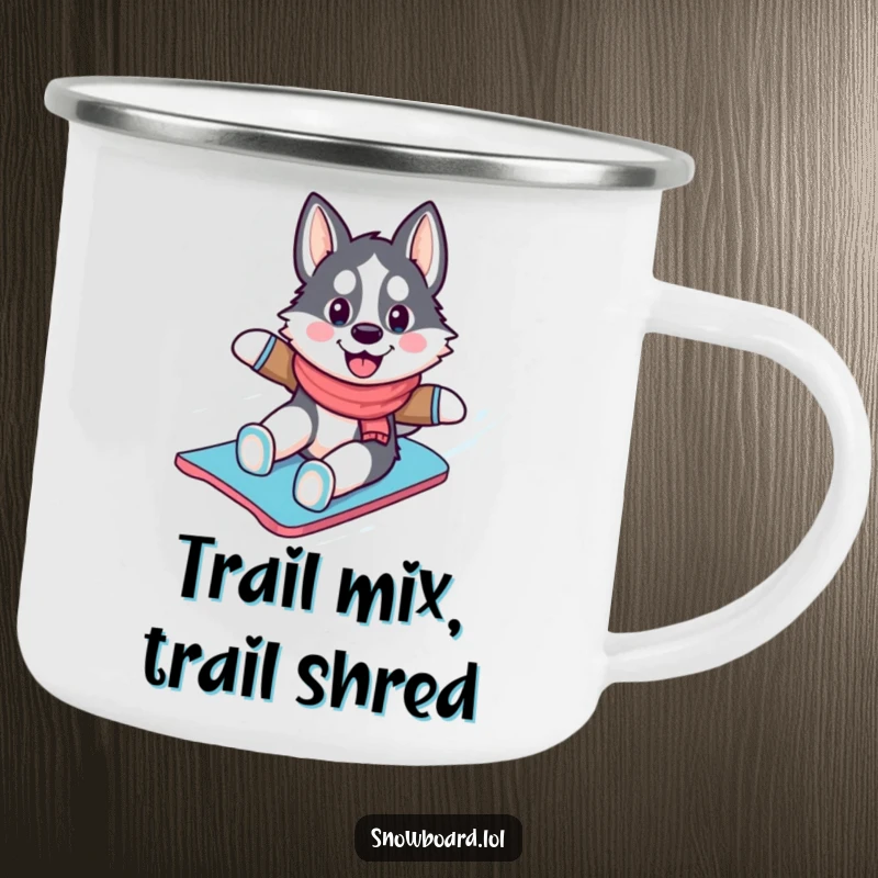 Funny husky camping mug, cheerfully snowboarding down a snowy slope, perfect for outdoor enthusiasts and dog lovers.