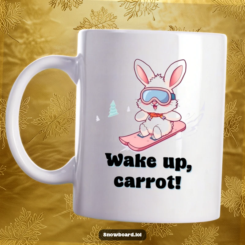 Funny fluffy bunny mug wearing goggles, snowboarding downhill. This adventurous creature design is perfect for a laugh.