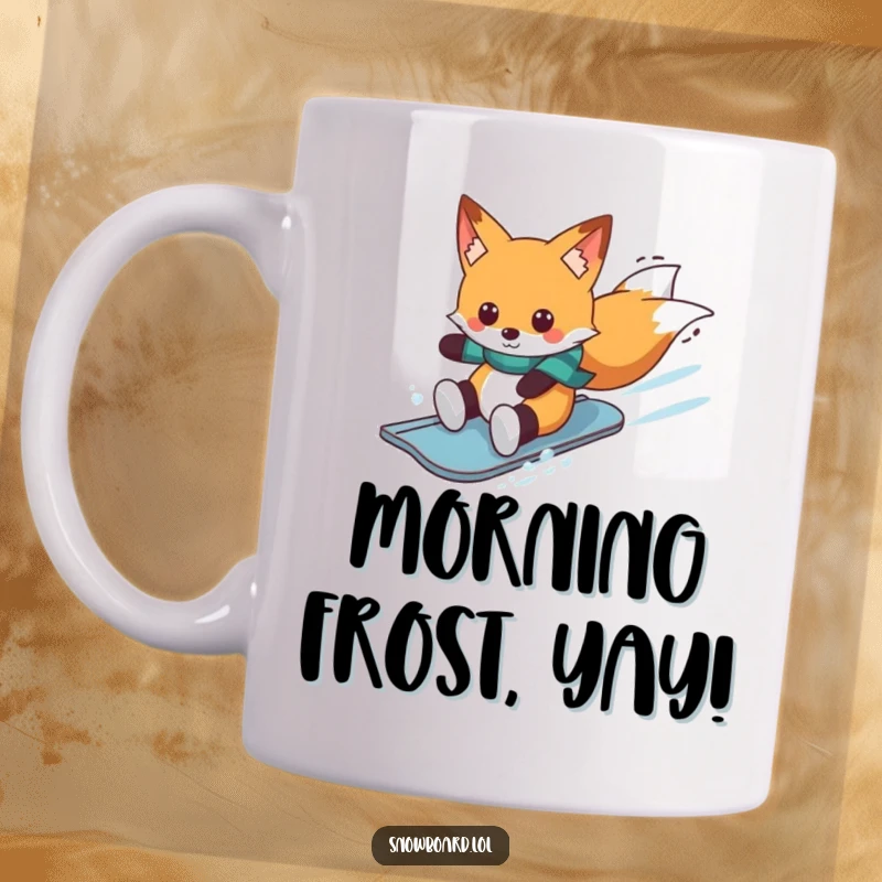 Funny cheerful fox snowboarding downhill, winter sports mug, playful character, perfect funny gift.