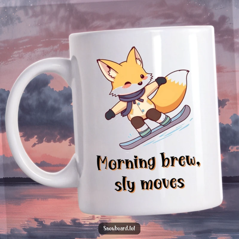 Funny fox mug, gracefully carving turns on a snowboard, embodying stylish winter sports prowess and cunning charm.
