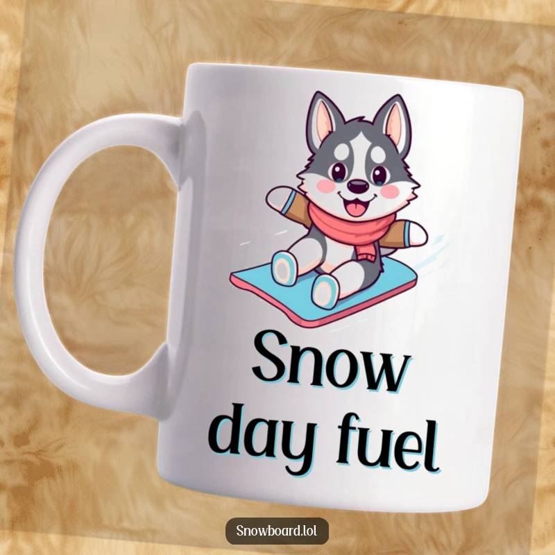 Funny husky mug, cheerfully sliding down a snowy slope on a snowboard, embodying winter joy and canine athleticism.