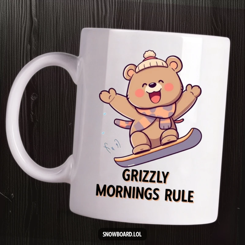 Funny playful bear catching air snowboarding, joyful expression mug, extreme sports, perfect funny gift.