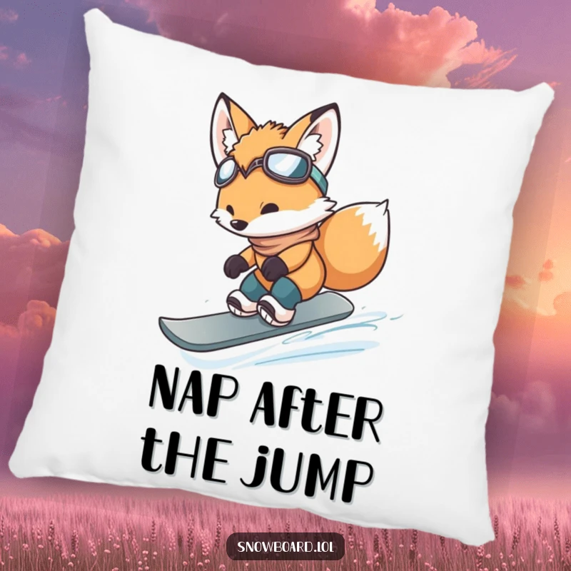 Funny fox cub mid-jump on a snowboard, a cozy and humorous accent pillow.