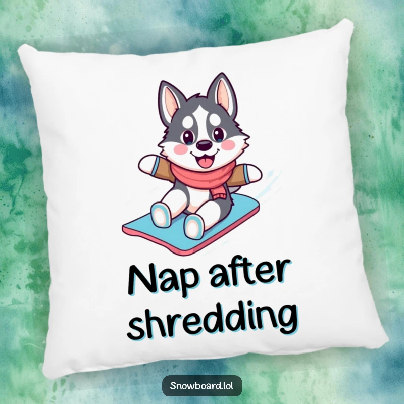 Funny husky pillow, happily snowboarding down a snowy slope, offering comfort and a dash of playful winter sports spirit.