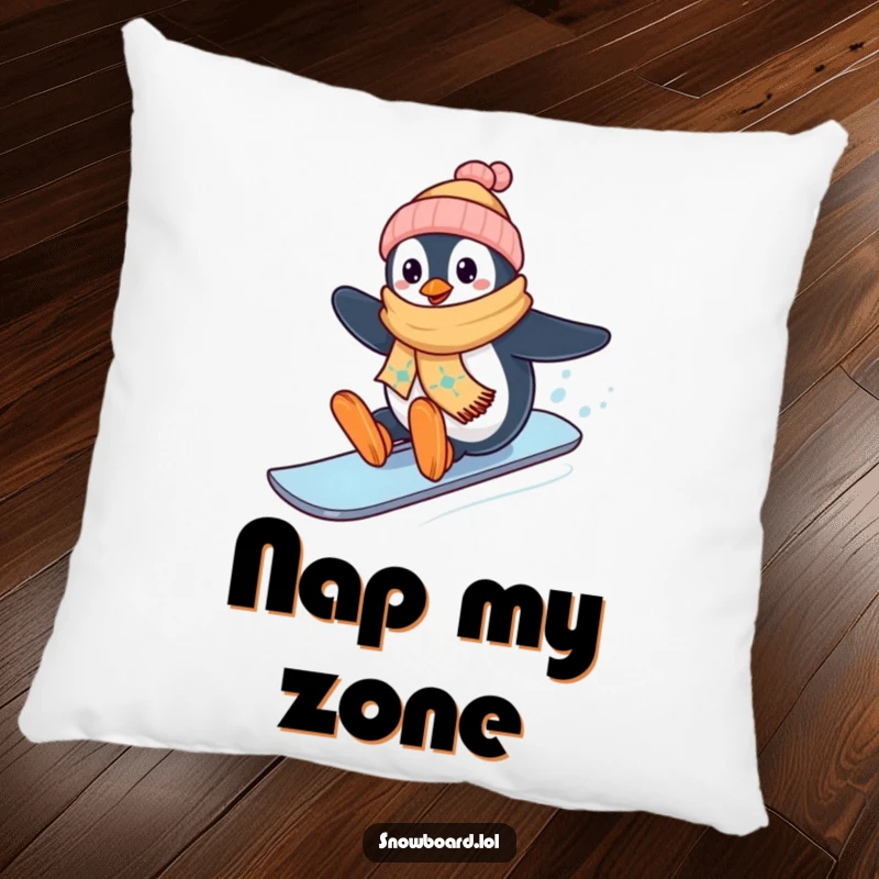 Funny penguin wearing scarf on snowboard, winter pillow, happy rider theme, charming funny gift for home.