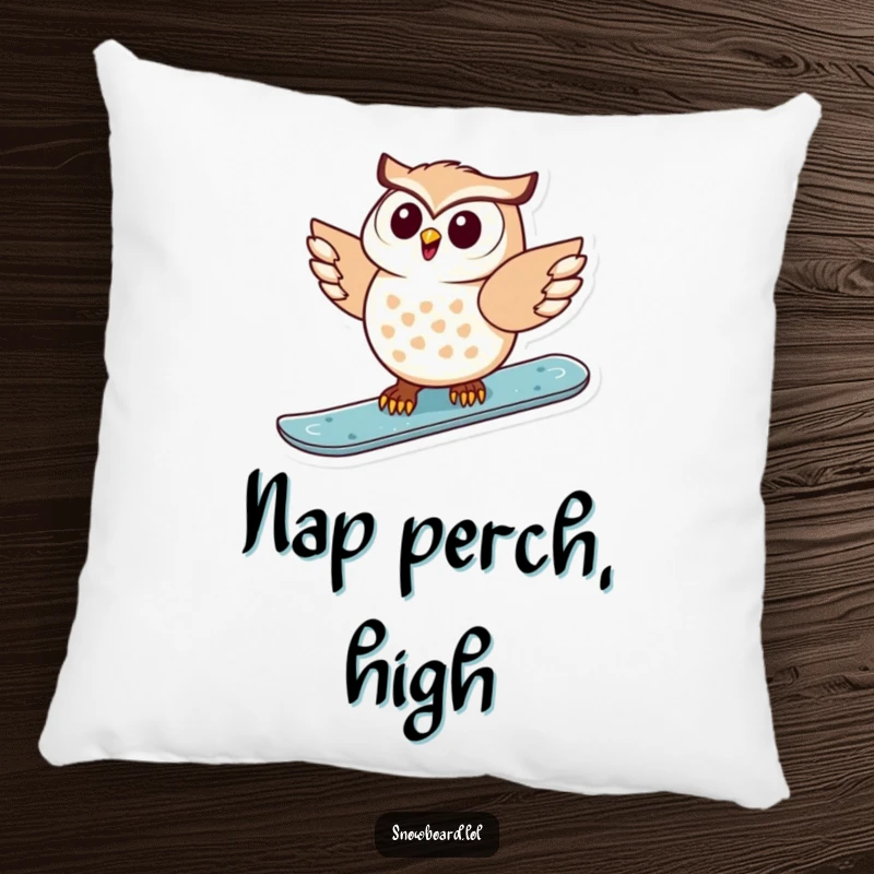 Funny pillow depicting a delighted owl having a blast while snowboarding, embodying pure happiness and winter adventure.