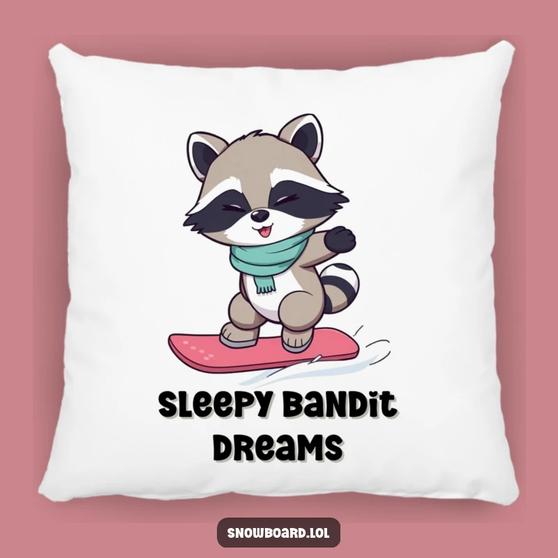 Funny Snowboarding Raccoon Pillow: Winking Bandit's Cuddles, Cozy Humor