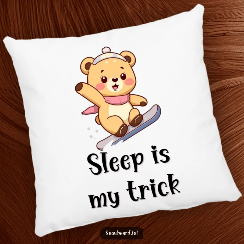 Funny bear cub pillow, performing a thrilling snowboard trick, offering comfort and a dash of wild winter sports spirit.