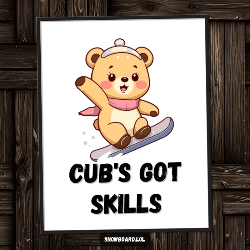 Funny bear cub digital art print, performing a snowboard trick with playful energy, offering instant, high-energy winter sports fun.