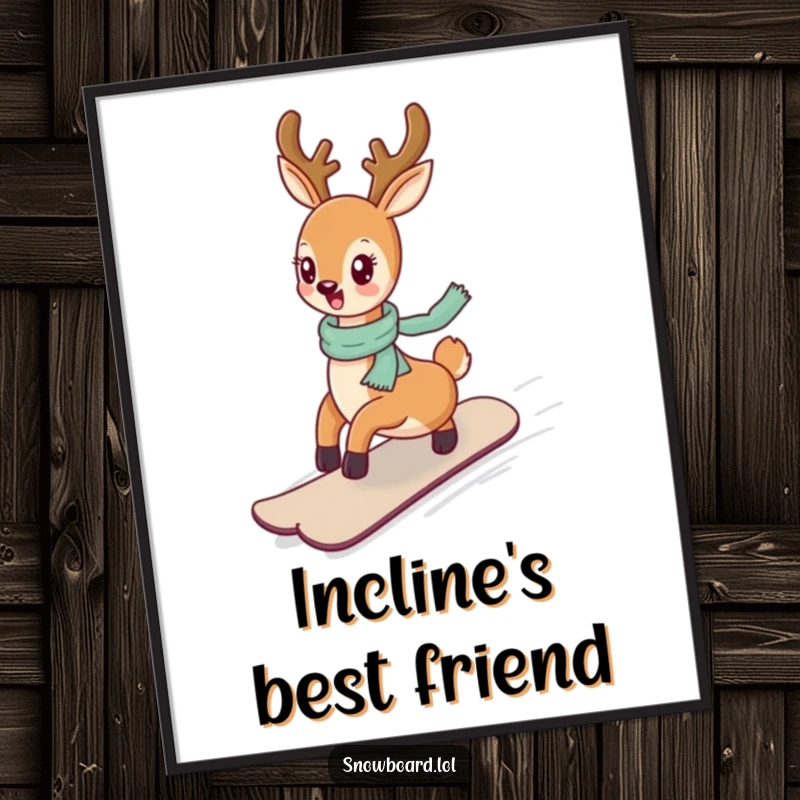 Funny cheerful deer riding a snowboard down a gentle incline, instant digital art.