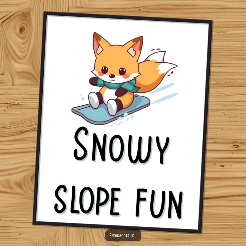 Funny cheerful fox snowboarding downhill, winter digital art, playful character, instant funny gift for wall decor.