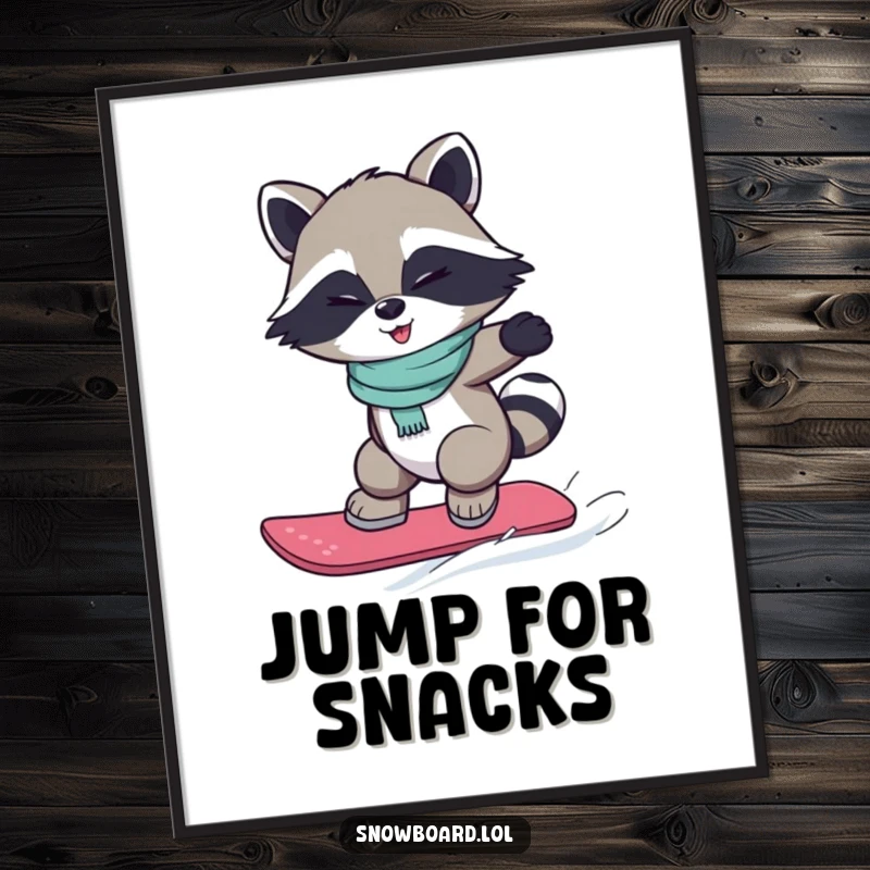Funny digital art print of a winking raccoon mid-snowboard jump, conveying playful energy and a mischievous spirit.