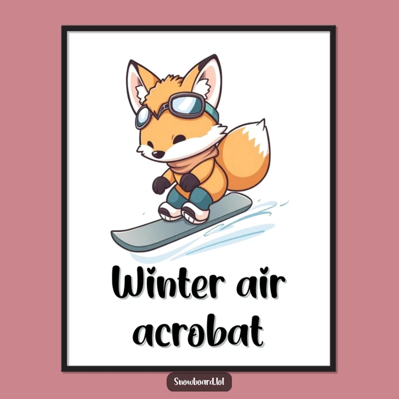 Funny Fox Cub Snowboarding Jump Digital Print - Instant Hilarious Wall Art