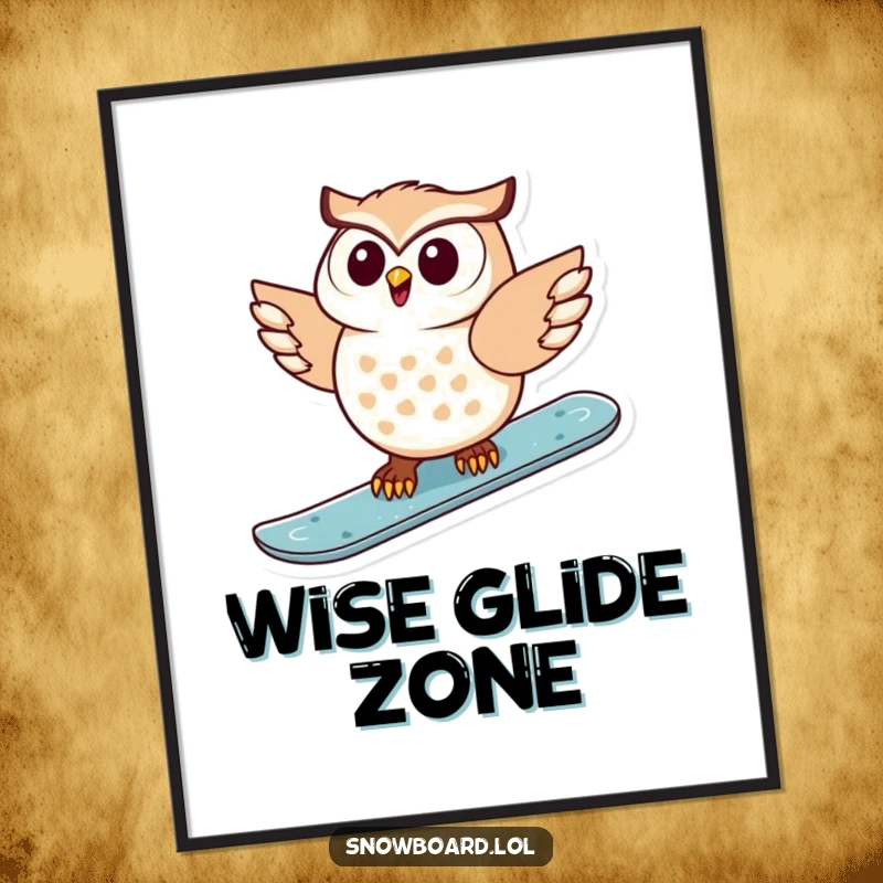Funny digital art print of a delighted owl joyfully snowboarding, capturing a moment of pure winter fun and skill.