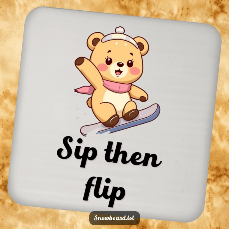 Funny bear cub coaster, executing a snowboard trick, adding a playful splash of winter sports charm to any surface.