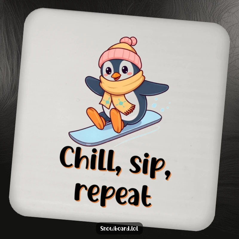 Funny penguin wearing scarf on snowboard, winter coasters, happy rider theme, delightful funny gift for home.