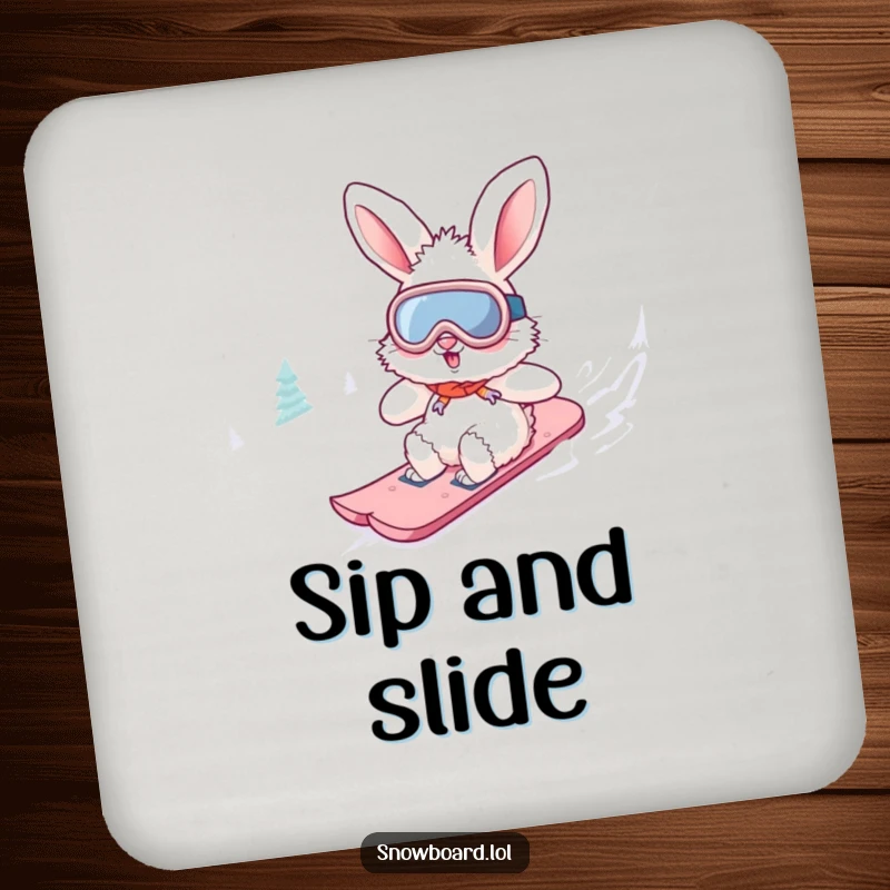 Funny fluffy bunny coasters wearing goggles, snowboarding downhill. This set of adventurous designs protects surfaces humorously.