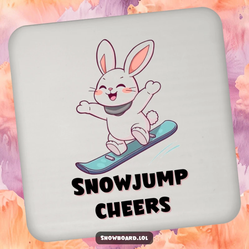 Funny drink coasters featuring an energetic rabbit performing a joyful jump off a snowboard, adding a humorous and protective element to surfaces.