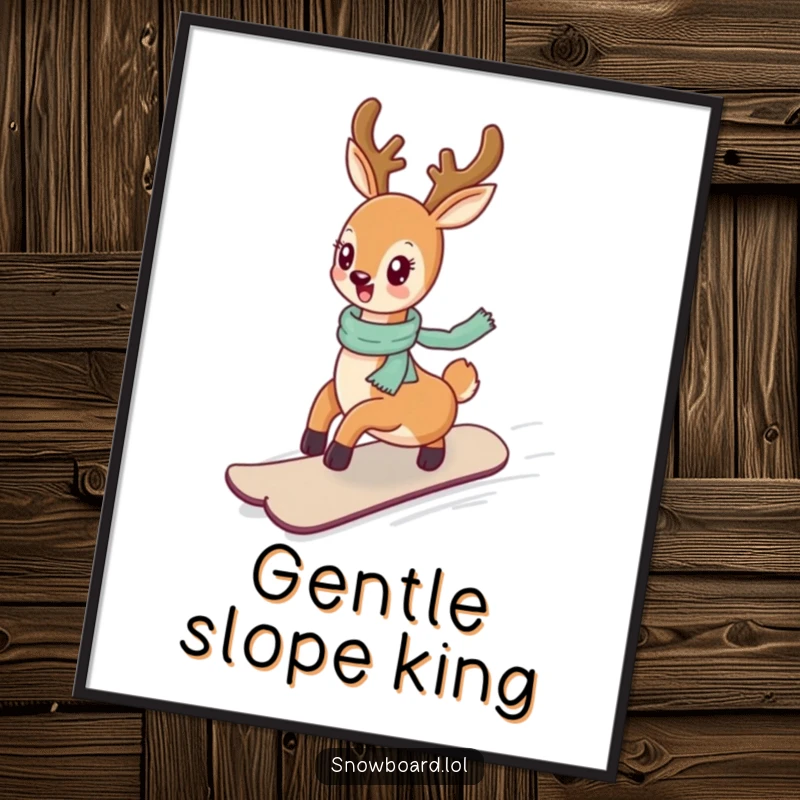 Funny, cheerful deer enjoying a snowboard ride on a gentle slope, artistic and humorous.