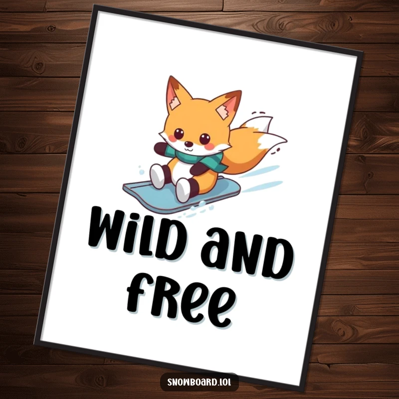 Funny cheerful fox snowboarding downhill, winter wall art, playful character, wonderful funny gift for decor.