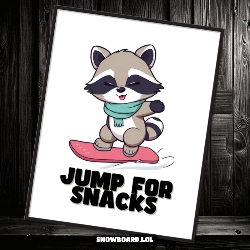 Funny poster of a winking raccoon captured mid-air during a snowboard jump, full of personality and action.