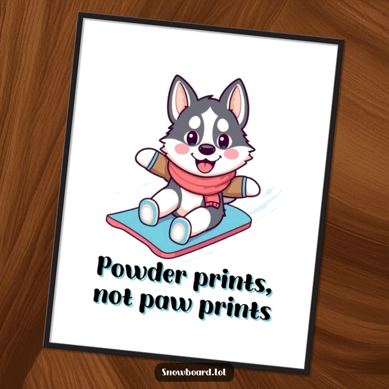 Funny husky poster, cheerfully sliding down a snowy slope on a snowboard, capturing the essence of winter sports and canine happiness.