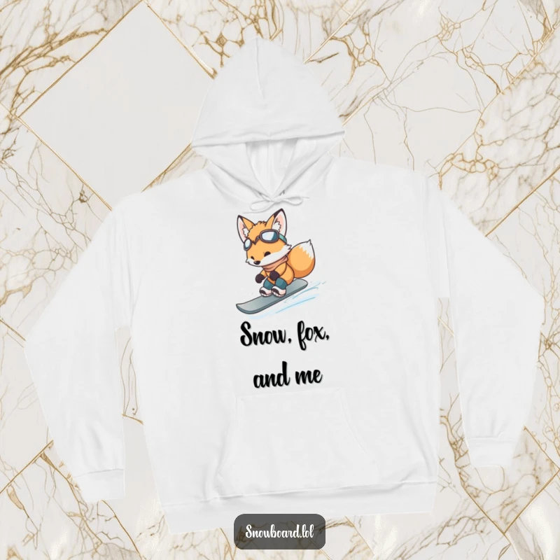 Funny fox cub caught in a joyful, small jump while snowboarding, perfect for warmth and humor.