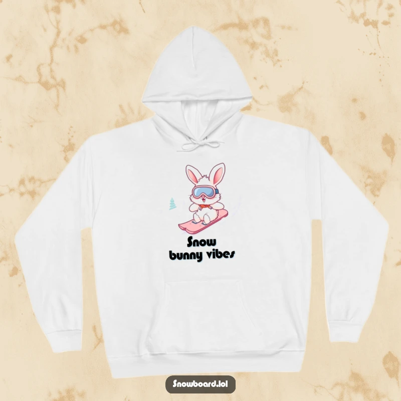 Funny fluffy bunny hoodie wearing goggles, snowboarding downhill. This cozy, adventurous design offers warmth and humor.