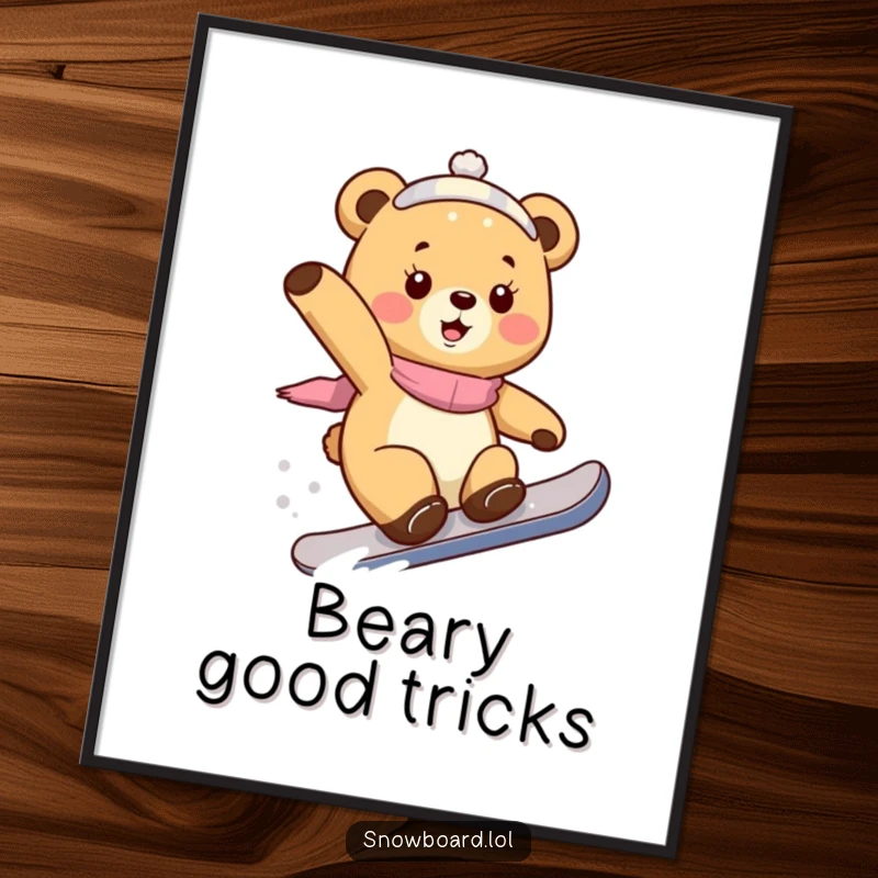 Funny Free Printable Wall Art: A playful bear cub executing an awesome snowboard trick with a determined and happy expression in a snowy setting.