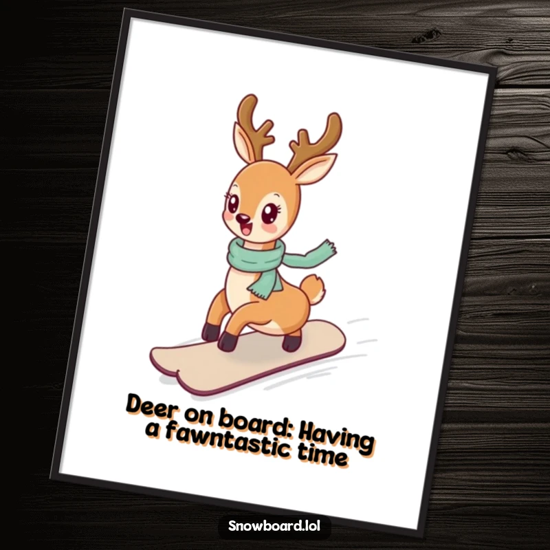 Funny Free Printable Wall Art: Cheerful deer gracefully snowboarding down a gentle slope, enjoying the ride.