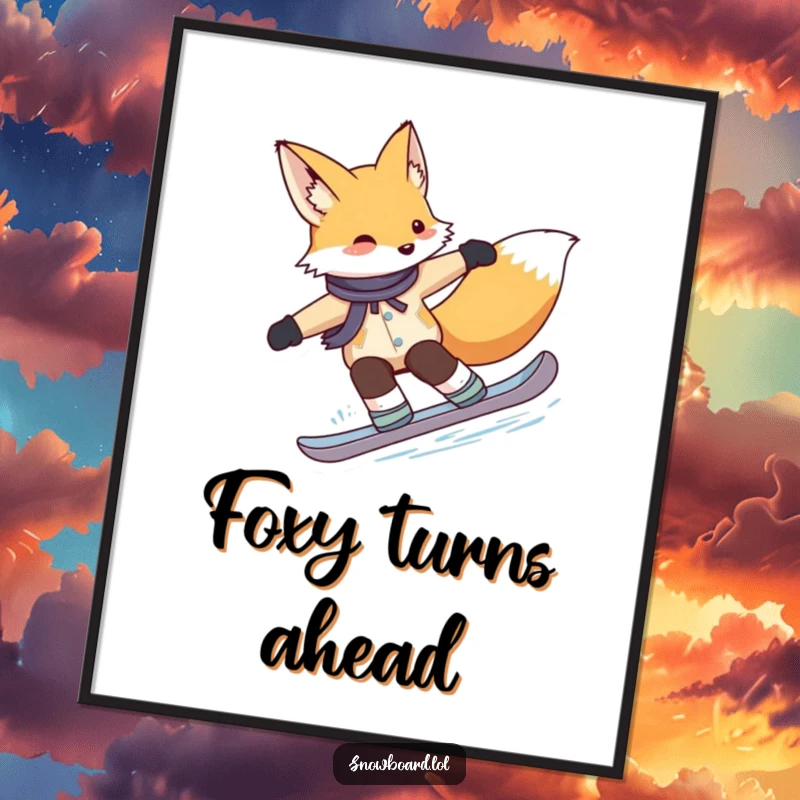 Funny Free Printable Wall Art: A cute fox gracefully carving turns on a snowboard, embodying natural elegance and winter sports finesse.