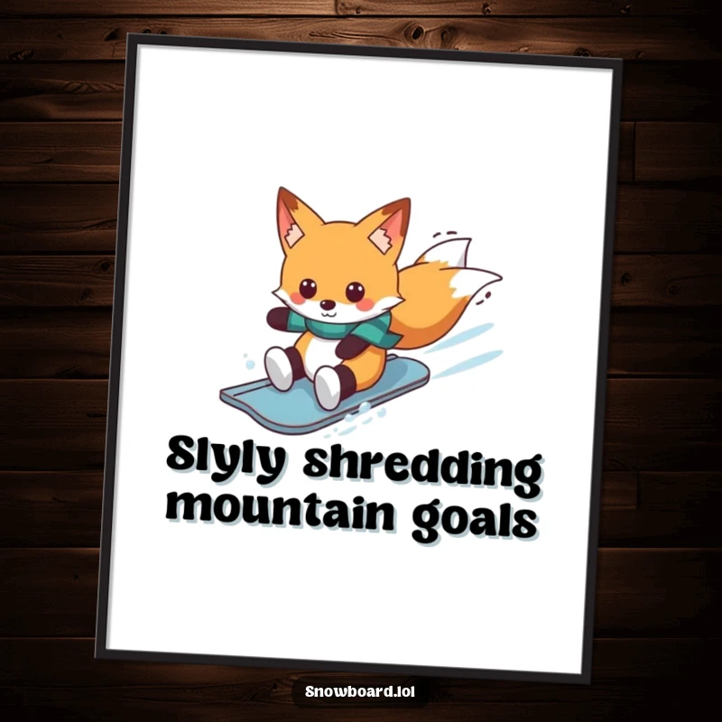 Funny Free Printable Wall Art: Cheerful fox with snowboard, sliding gracefully down a snowy slope with a happy expression.