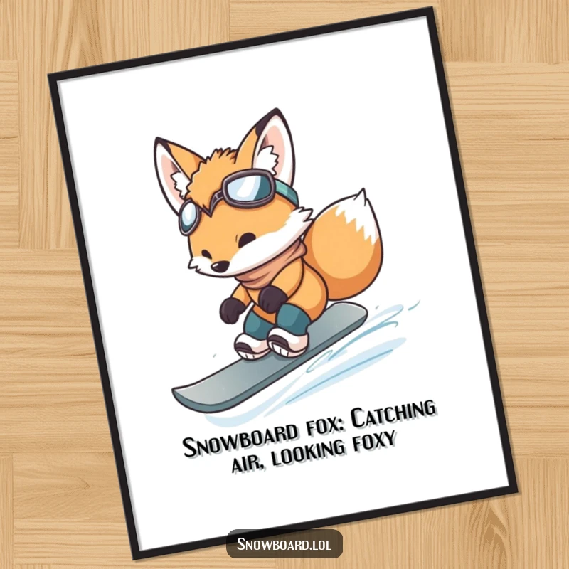 Funny Free Printable Wall Art: Brave fox cub performing a cool jump on a snowboard, full of winter action.